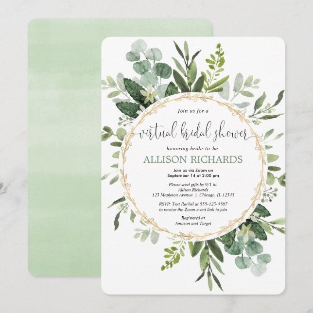 Invitación Ducha de novia virtual verde eucalipto de oro (Anverso / Reverso)