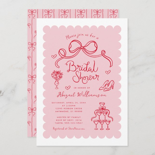 Invitación Ducha de novia Whimsical Rosa-Roja (Anverso / Reverso)
