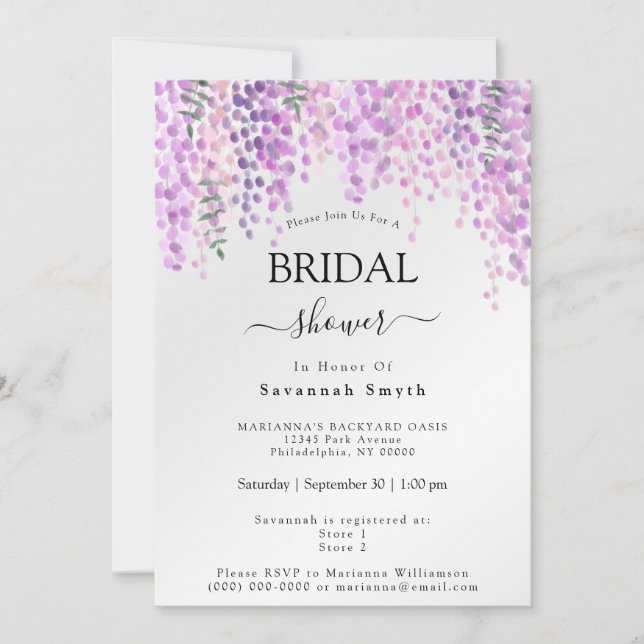 Invitación Ducha de novia Wisteria rosa Agua Floral Floral (Anverso)