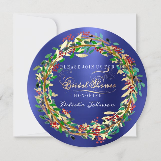 Invitación Ducha de novia Woodland Cobalt Floral Oro verde (Anverso)