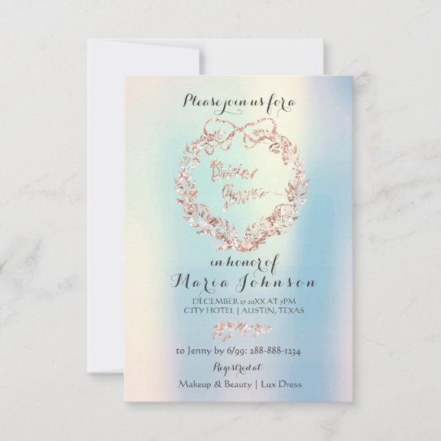 Invitación Ducha de novia Wreath Floral Marfil Opal Rosa Azul (Anverso)