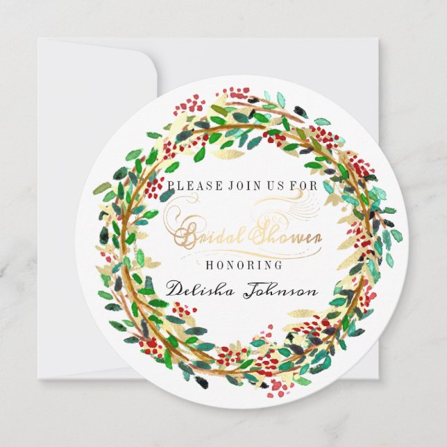 Invitación Ducha de novia Wreath Wreath White Green Gold (Anverso)