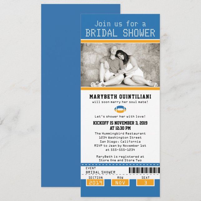 Invitación Ducha de novias amarilla en el boleto azul de fútb (Anverso / Reverso)