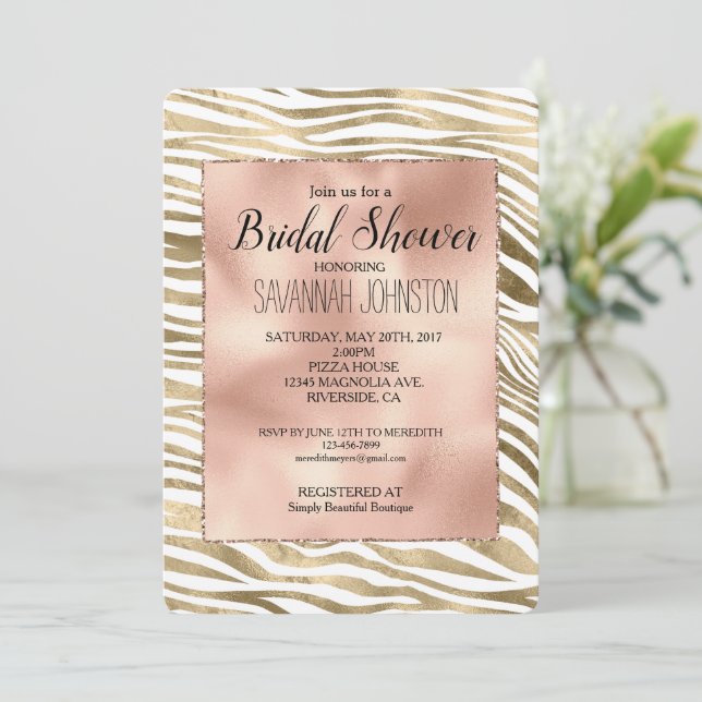Invitación Ducha de Novias Animal de Cebra de Oro Rosa Blanca (Anverso de pie)