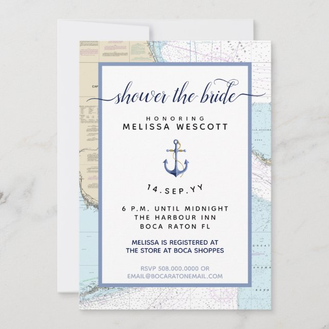 Invitación Ducha de novias auténtica nautica en el sur de Flo (Anverso)