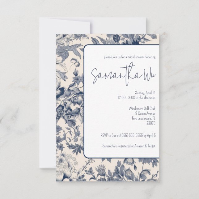 Invitación Ducha de novias azul y blanca (Anverso)