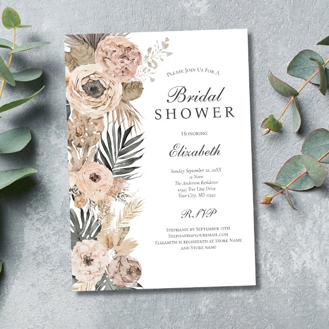 Invitación Ducha de novias beige rosado de Rubor (Blush Pink Beige Gray Floral Botanical Boho Bridal Shower Invitation. Printed and  Digital download)
