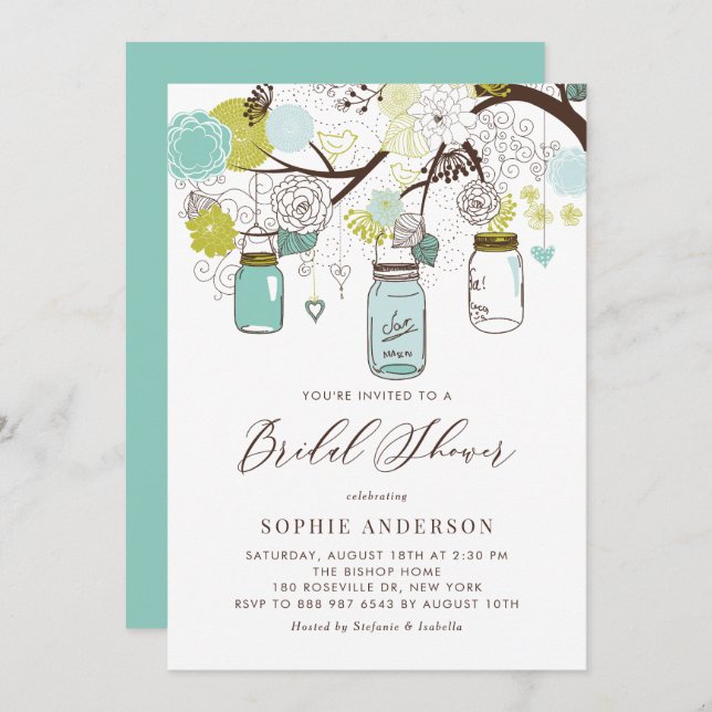 Invitación Ducha de novias Blue and Green Mason Jars (Anverso / Reverso)