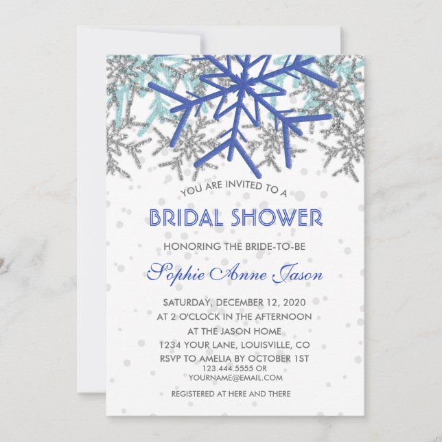 Invitación Ducha de novias Blue Snowflakes, marina de inviern (Anverso)