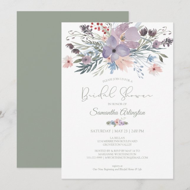 Invitación Ducha de novias Boho Floral Sage Green Violet Rubo (Anverso / Reverso)