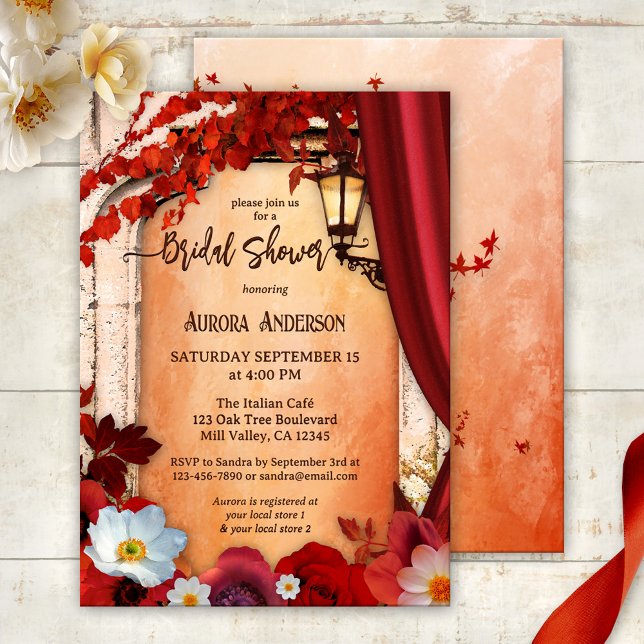 Invitación Ducha de novias Boho italiana clásica (Italian bridal shower invitation featuring festive red flowers on a Roman arch with lantern)