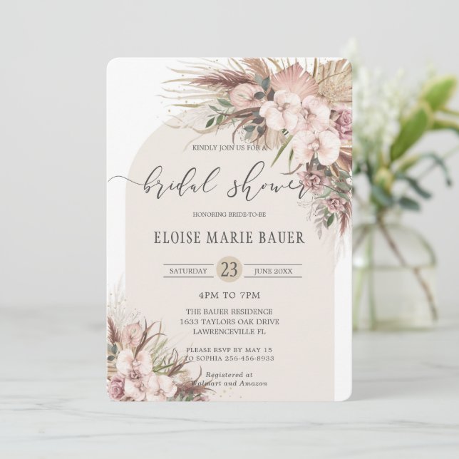 Invitación Ducha de novias Boho Pampas Grass Orchid Floral Ar (Anverso de pie)