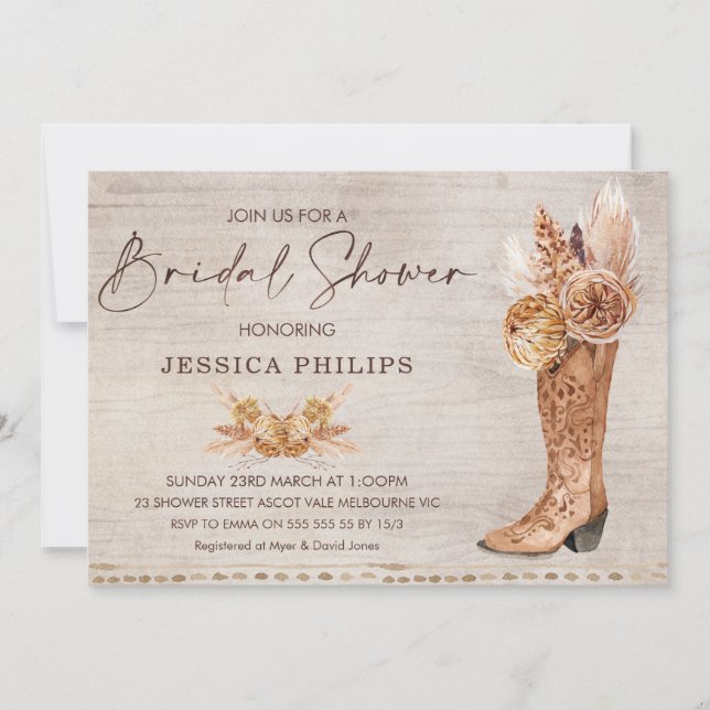 Invitación Ducha de novias Boho Pampas Grass Western Boot (Anverso)