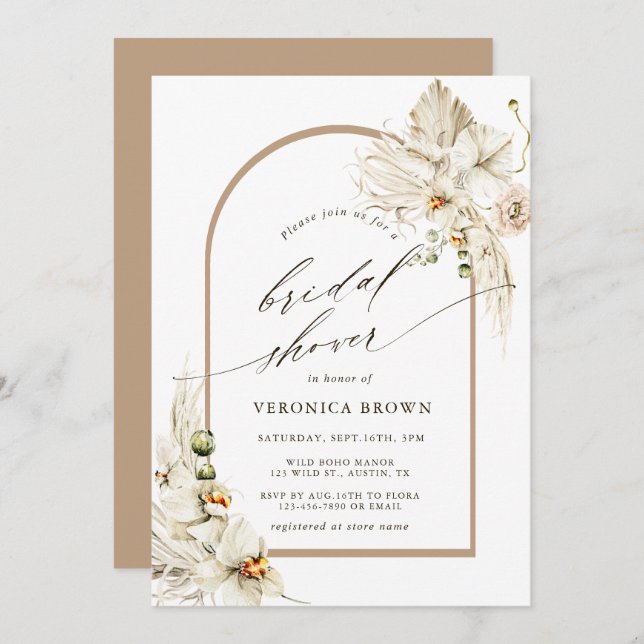 Invitación Ducha de novias Boho Pampas Grass White Orchid Arc (Anverso / Reverso)
