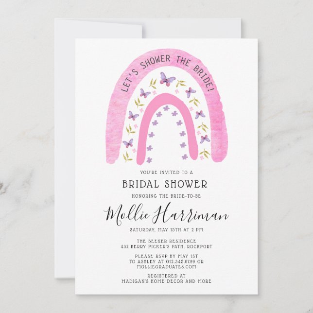 Invitación Ducha de novias Boho Pink Rainbow Butterfly (Anverso)