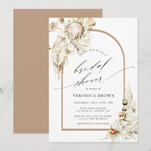 Invitación Ducha de novias Boho Protea Pampas Grass Floral Ar (Anverso / Reverso)