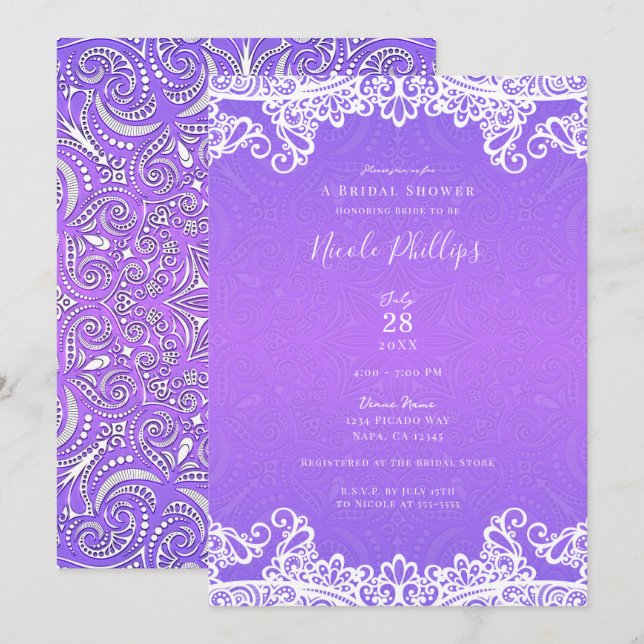 Invitación Ducha de novias Boho Púrpura Rosa y Blanco Lace (Anverso / Reverso)