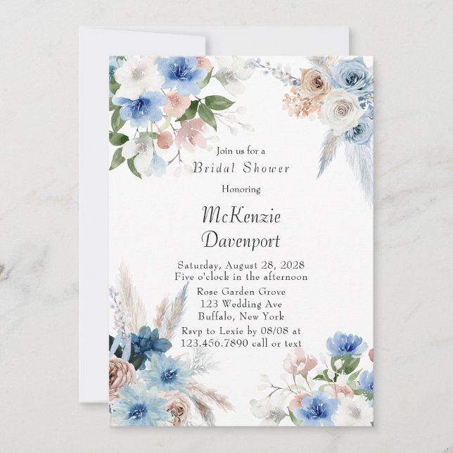 Invitación Ducha de novias Boho rosa y peonia azul (Anverso)