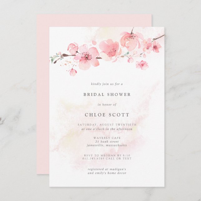 Invitación Ducha de novias Boho Rubor Pink Floral (Anverso / Reverso)