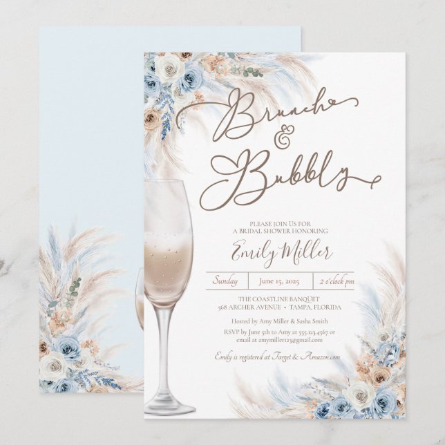 Invitación Ducha de novias Brunch-Blue Boho Pampas (Anverso / Reverso)