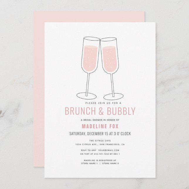 Invitación Ducha de novias Brunch & Bubbly Moderno Champagne (Anverso / Reverso)