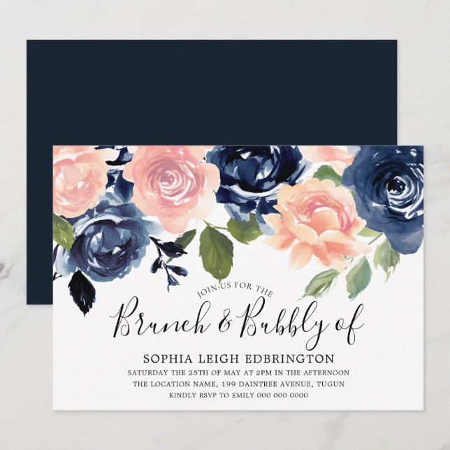 Invitación Ducha de novias Brunch & Bubbly Navy Rubor (Anverso / Reverso)