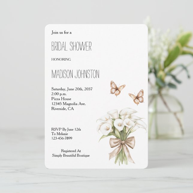 Invitación Ducha de novias Calla Lilly Floral Butterflies (Anverso de pie)