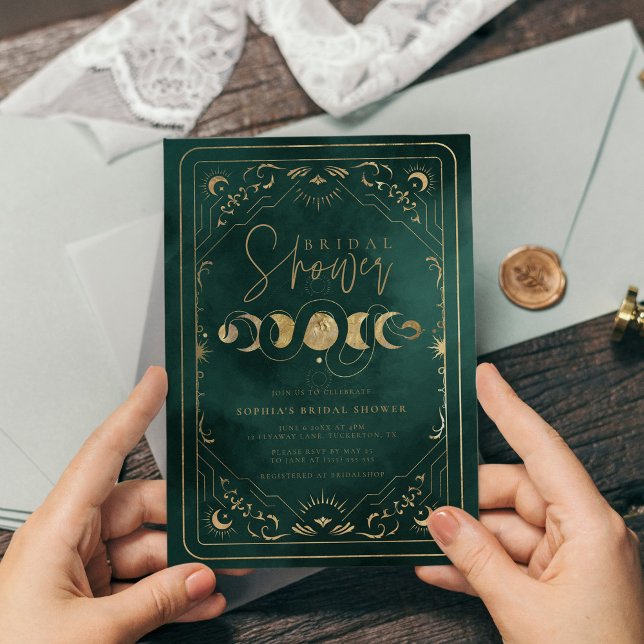 Invitación Ducha de novias celestes de oro y verde esmeralda (Subido por el creador)