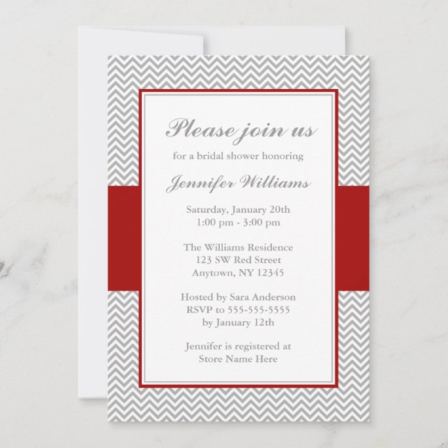 Invitación Ducha de novias Chevron roja y gris (Anverso)
