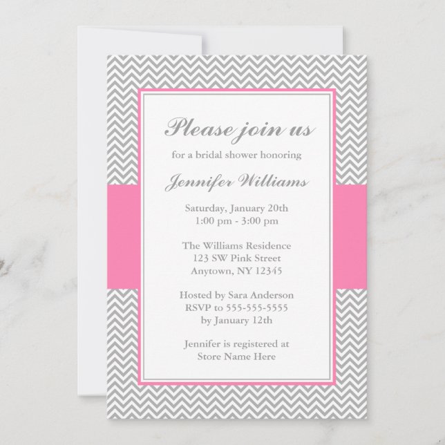 Invitación Ducha de novias Chevron rosa y gris (Anverso)