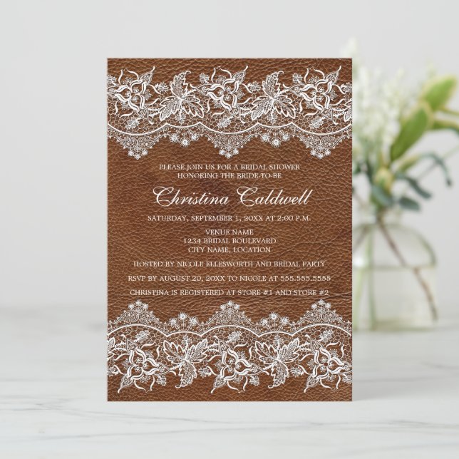 Invitación Ducha de novias con aspecto de cuero y encaje (Anverso de pie)