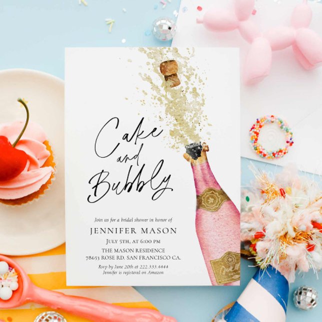 Invitación Ducha de novias con bizcocho y champán espumoso (Pink Bubbly Bridal Shower Invitation)