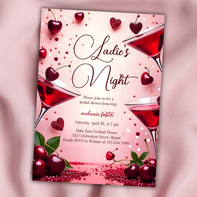 Invitación Ducha de novias con cóctel de cerezo nocturno (Elegant Ladies' Night Bridal Shower Invitation with Cherry Cocktail Theme)