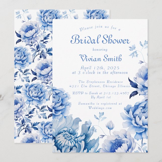 Invitación Ducha de novias con flores blancas y azules Chinoi (Anverso / Reverso)