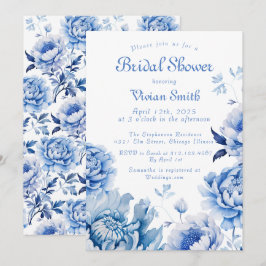 Invitación Ducha de novias con flores blancas y azules Chinoi