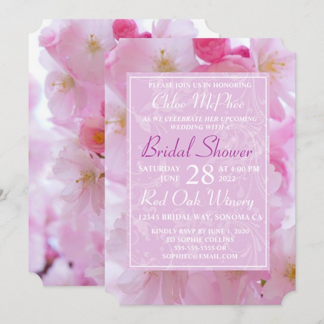 Invitación Ducha de novias con flores de cerezo (Anverso / Reverso)