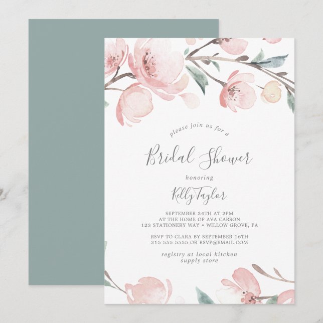 Invitación Ducha de novias con flores de cerezo de primavera (Anverso / Reverso)