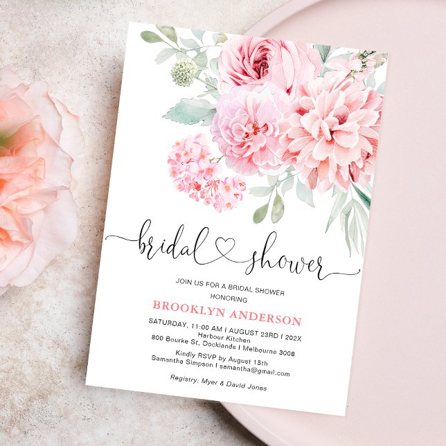 Invitación Ducha de novias con flores rosadas Boho (Pink Floral Bridal Shower Invitation Template, Hot Pink Floral Bridal Shower, Heart, Calligraphy)