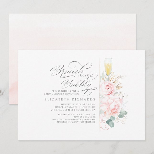 Invitación Ducha de novias con flores rosadas de brunch (Anverso / Reverso)