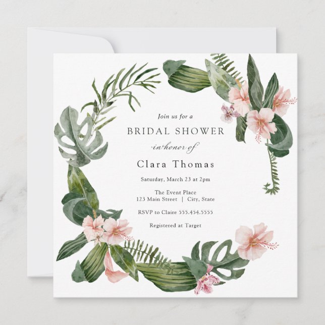 Invitación Ducha de novias con flores rosadas tropicales (Anverso)