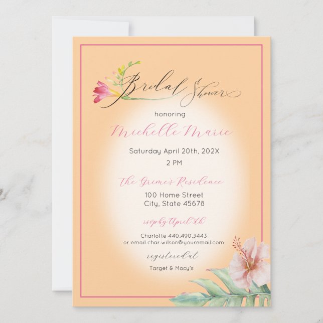 Invitación Ducha de novias con flores rosadas tropicales (Anverso)