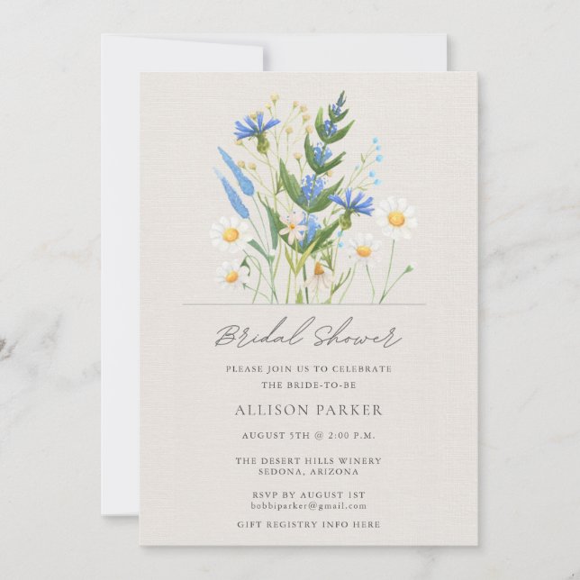 Invitación Ducha de novias con flores silvestres azules de ve (Anverso)