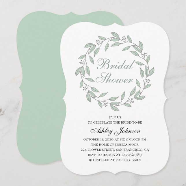 Invitación Ducha de novias con follaje de menta. Caligrafía b (Anverso / Reverso)