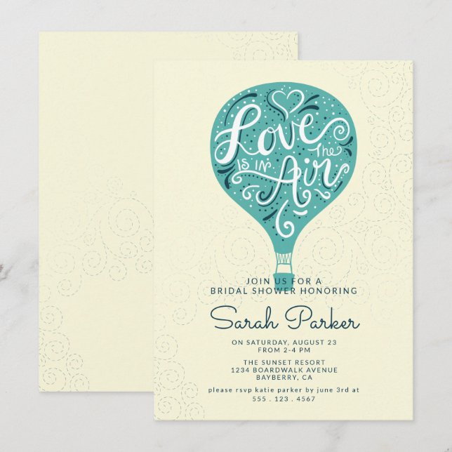 Invitación Ducha de novias con globo aerostático Verde azulad (Anverso / Reverso)
