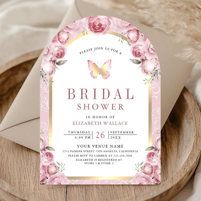 Invitación Ducha de novias con mariposa en arco floral rosa R (Subido por el creador)
