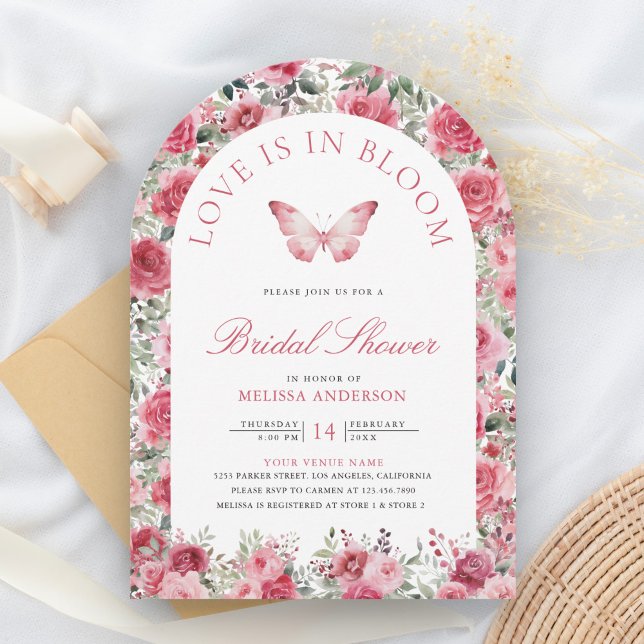 Invitación Ducha de novias con mariposa rosa de las rosas roj (Subido por el creador)