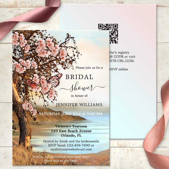Invitación Ducha de novias con mariposa rosa en árbol de cere (Bridal shower invitation with a cherry tree and pink butterflies on the waterfront - with QR code)
