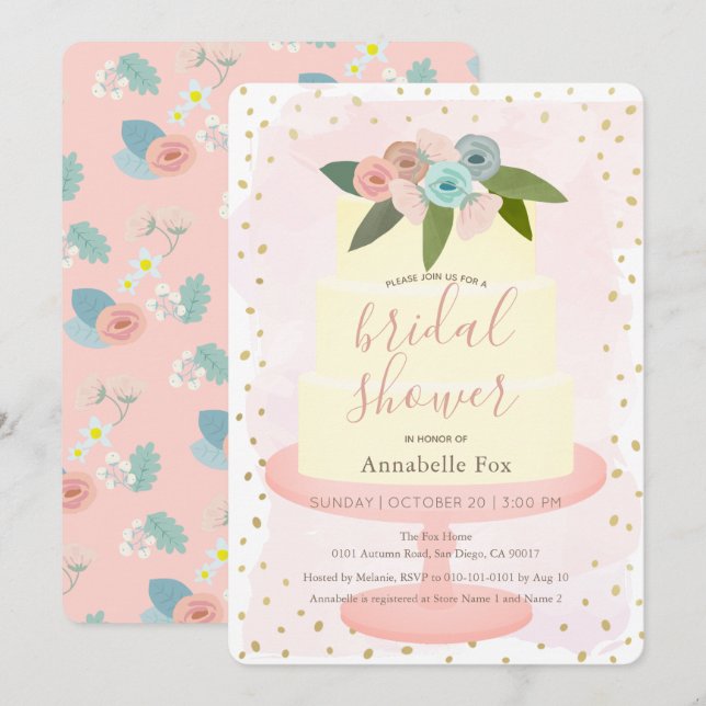 Invitación Ducha de novias con pastel floral de oro rosa (Anverso / Reverso)