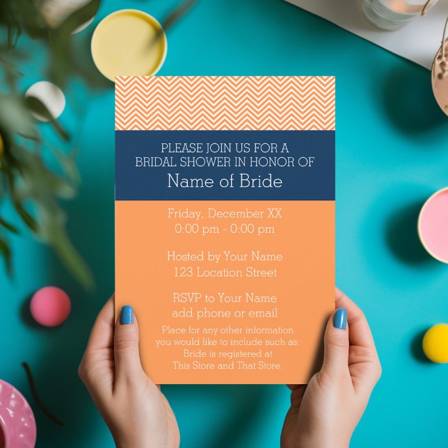 Invitación Ducha de novias con patrón de chevron azul y Naran (Bridal Shower Invitation - Orange and Navy Chevrons)