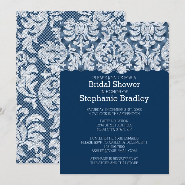 Invitación Ducha de novias con patrón de damasco de encaje bl (Anverso / Reverso)